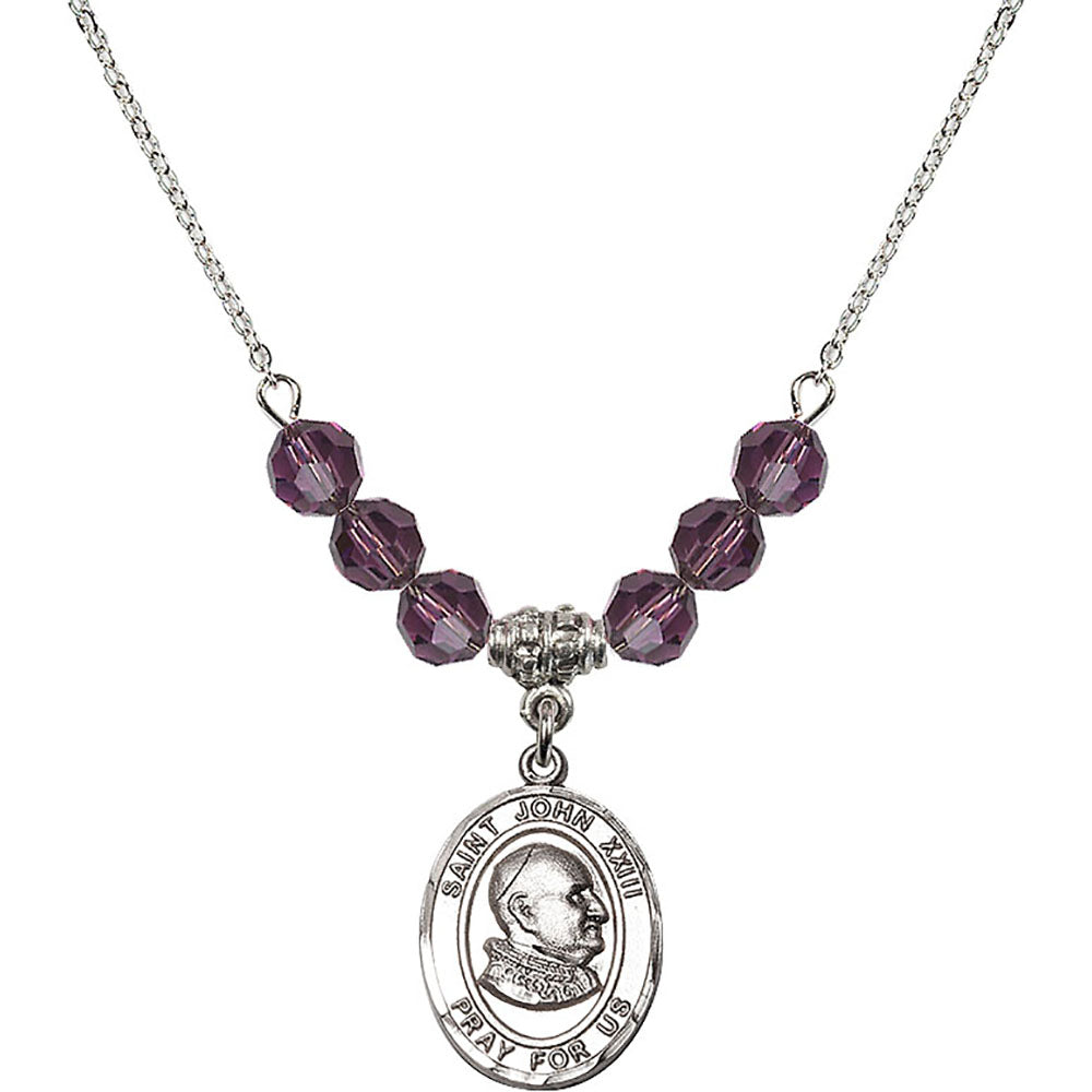 Sterling Silver Saint John XXIII Birthstone Necklace with Amethyst Beads - 8455