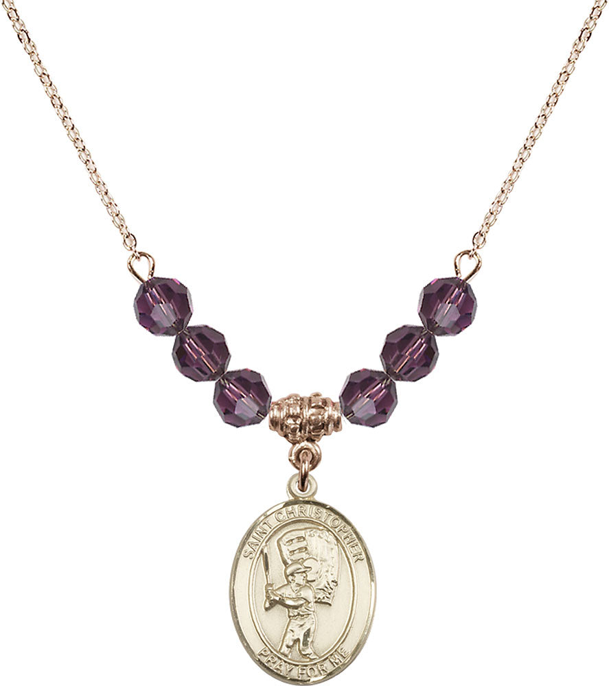 14kt Gold Filled Saint Christopher/Baseball Birthstone Necklace with Amethyst Beads - 8500
