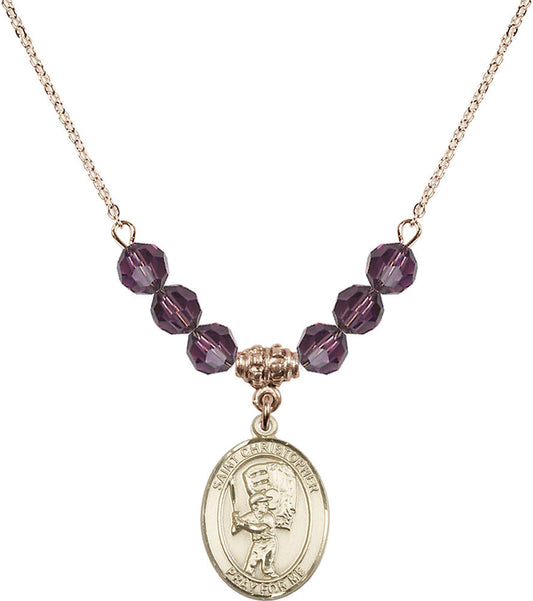 14kt Gold Filled Saint Christopher/Baseball Birthstone Necklace with Amethyst Beads - 8500