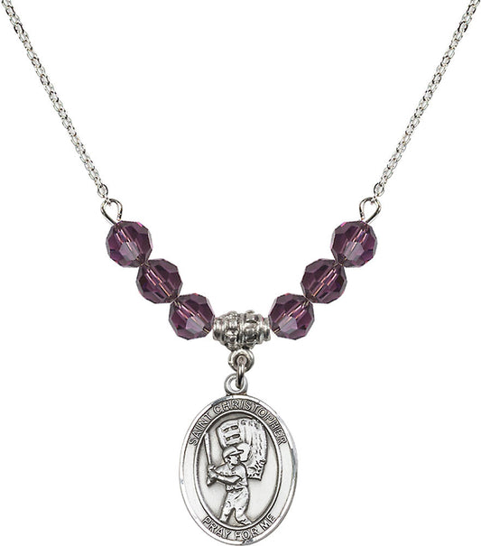 Sterling Silver Saint Christopher/Baseball Birthstone Necklace with Amethyst Beads - 8500