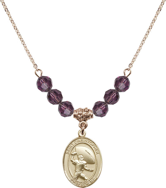 14kt Gold Filled Saint Christopher / Football Birthstone Necklace with Amethyst Beads - 8501