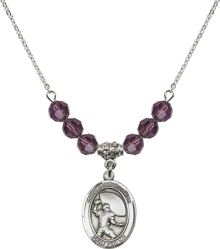 Sterling Silver Saint Christopher / Football Birthstone Necklace with Amethyst Beads - 8501