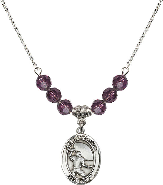 Sterling Silver Saint Christopher / Football Birthstone Necklace with Amethyst Beads - 8501
