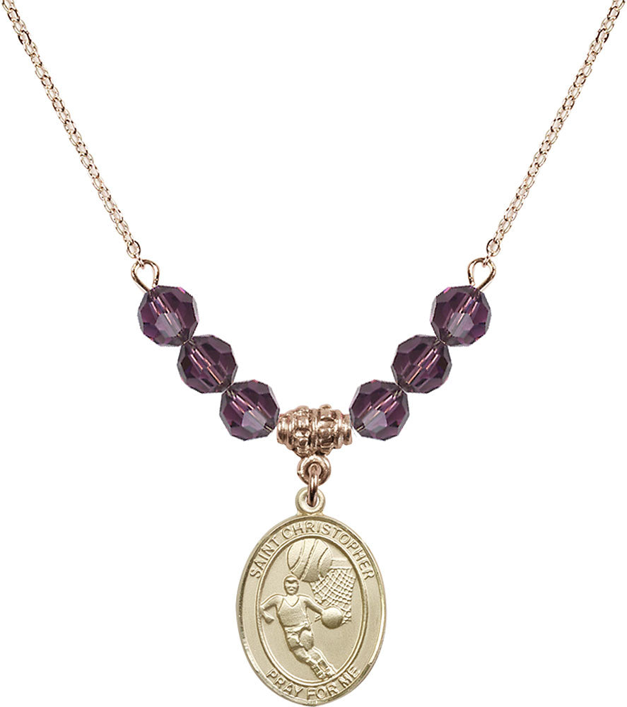 14kt Gold Filled Saint Christopher/Basketball Birthstone Necklace with Amethyst Beads - 8502