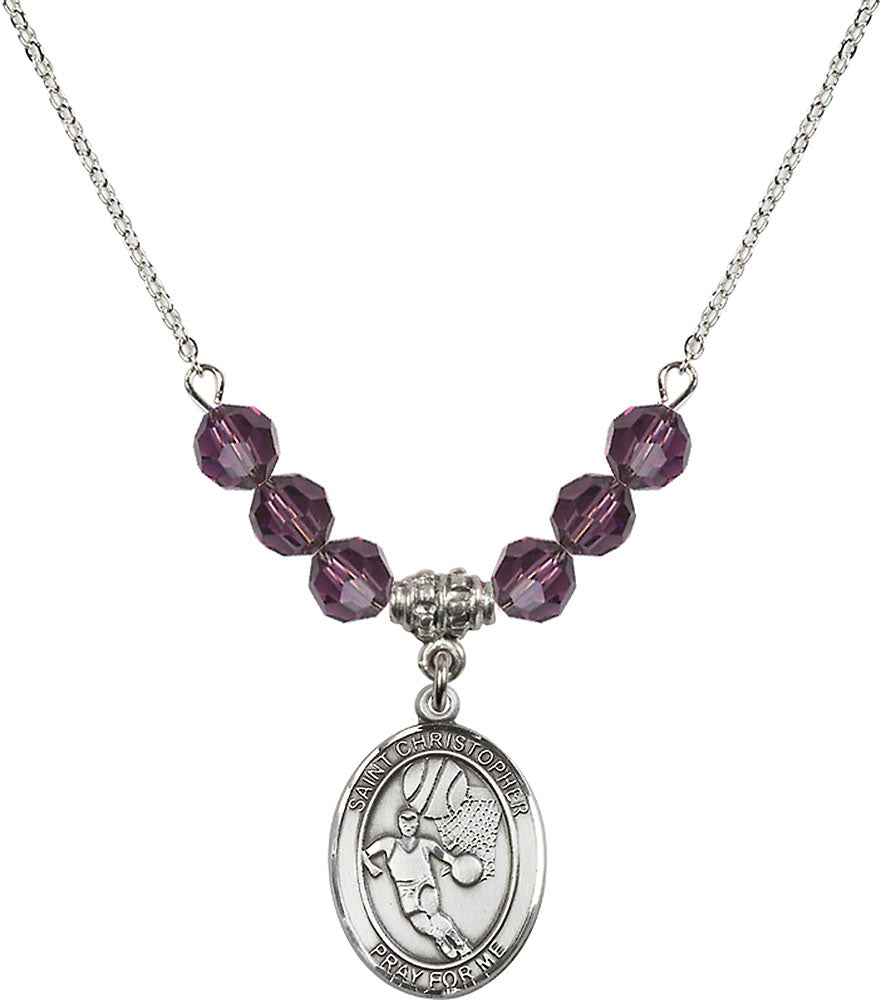Sterling Silver Saint Christopher/Basketball Birthstone Necklace with Amethyst Beads - 8502