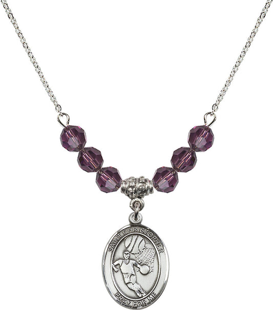 Sterling Silver Saint Christopher/Basketball Birthstone Necklace with Amethyst Beads - 8502