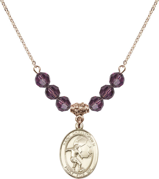14kt Gold Filled Saint Christopher/Soccer Birthstone Necklace with Amethyst Beads - 8503