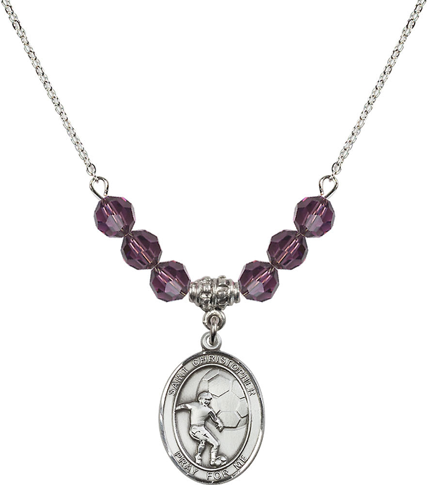Sterling Silver Saint Christopher/Soccer Birthstone Necklace with Amethyst Beads - 8503