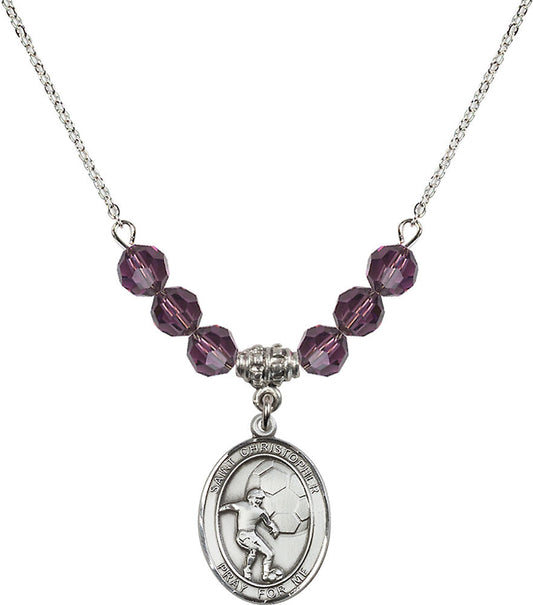 Sterling Silver Saint Christopher/Soccer Birthstone Necklace with Amethyst Beads - 8503