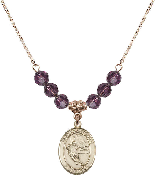 14kt Gold Filled Saint Christopher/Hockey Birthstone Necklace with Amethyst Beads - 8504
