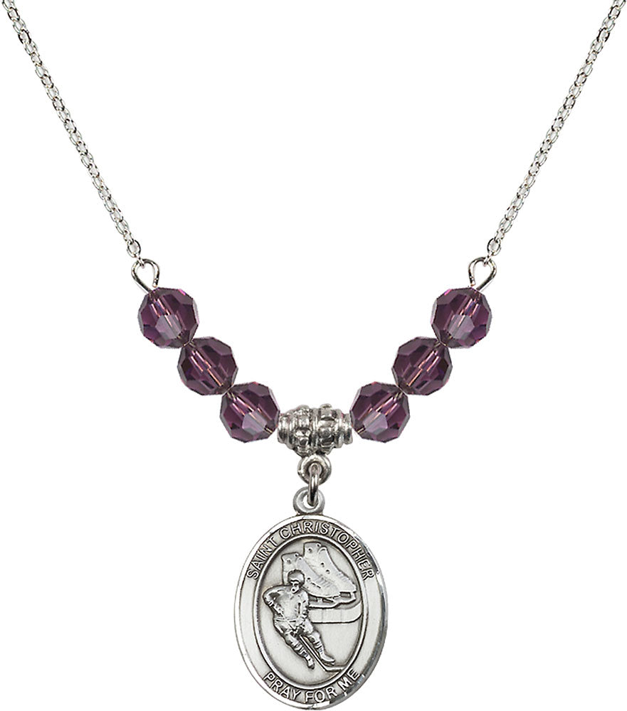 Sterling Silver Saint Christopher/Hockey Birthstone Necklace with Amethyst Beads - 8504