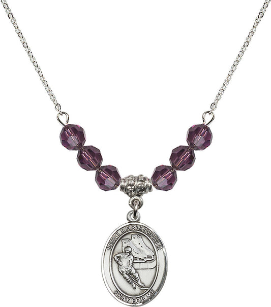 Sterling Silver Saint Christopher/Hockey Birthstone Necklace with Amethyst Beads - 8504
