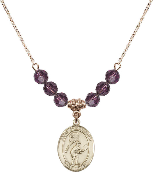 14kt Gold Filled Saint Christopher/Tennis Birthstone Necklace with Amethyst Beads - 8505
