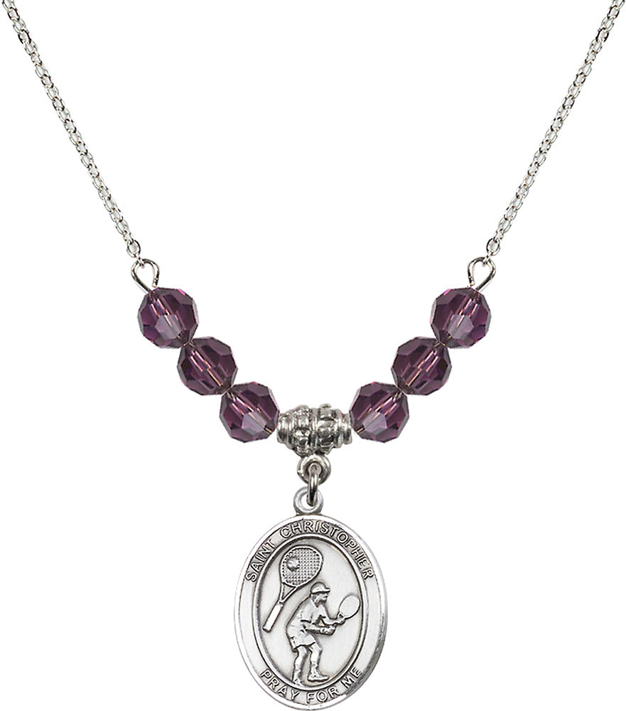 Sterling Silver Saint Christopher/Tennis Birthstone Necklace with Amethyst Beads - 8505