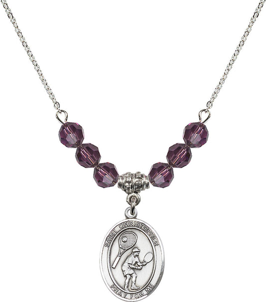 Sterling Silver Saint Christopher/Tennis Birthstone Necklace with Amethyst Beads - 8505