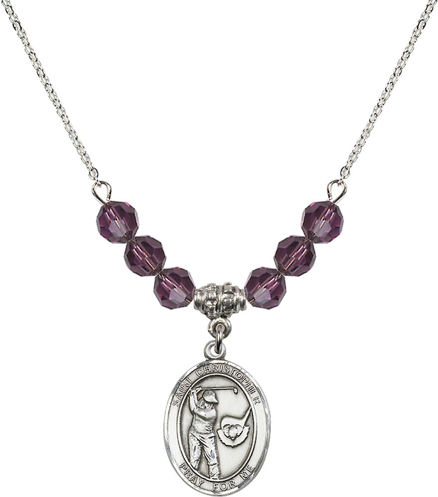 Sterling Silver Saint Christopher/Golf Birthstone Necklace with Amethyst Beads - 8506