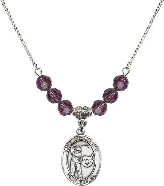 Sterling Silver Saint Christopher/Golf Birthstone Necklace with Amethyst Beads - 8506
