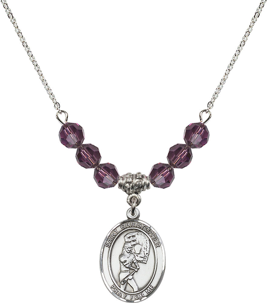 Sterling Silver Saint Christopher/Softball Birthstone Necklace with Amethyst Beads - 8507
