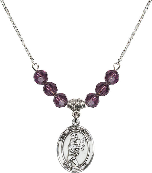 Sterling Silver Saint Christopher/Softball Birthstone Necklace with Amethyst Beads - 8507