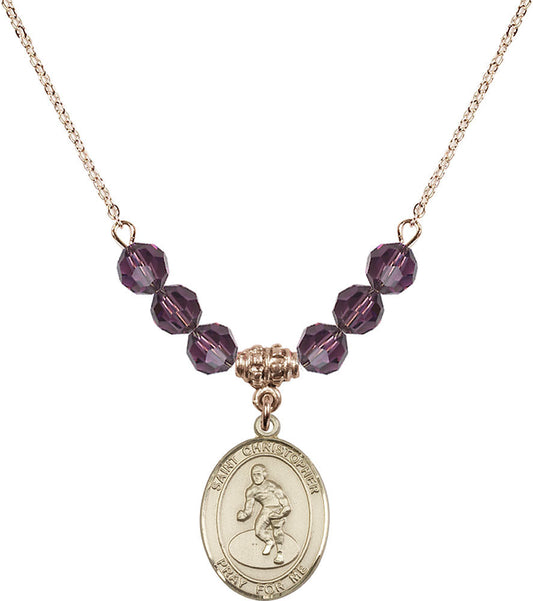 14kt Gold Filled Saint Christopher/Wrestling Birthstone Necklace with Amethyst Beads - 8508