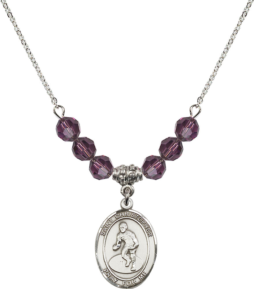 Sterling Silver Saint Christopher/Wrestling Birthstone Necklace with Amethyst Beads - 8508