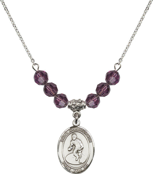 Sterling Silver Saint Christopher/Wrestling Birthstone Necklace with Amethyst Beads - 8508