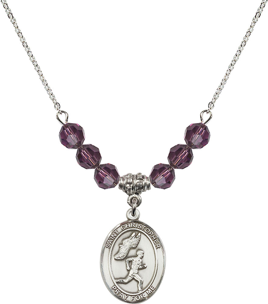 Sterling Silver Saint Christopher/Track&Field-Men Birthstone Necklace with Amethyst Beads - 8509