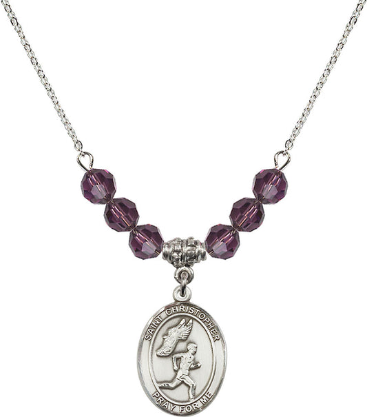 Sterling Silver Saint Christopher/Track&Field-Men Birthstone Necklace with Amethyst Beads - 8509