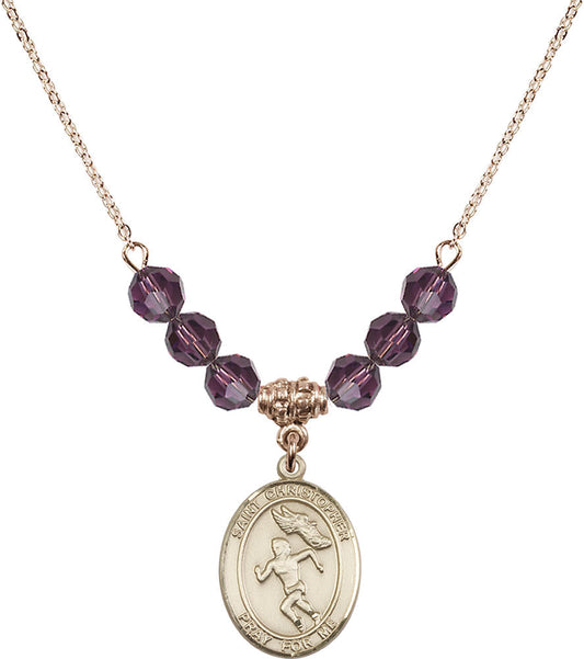 14kt Gold Filled Saint Christopher/Track&Field-Women Birthstone Necklace with Amethyst Beads - 8510