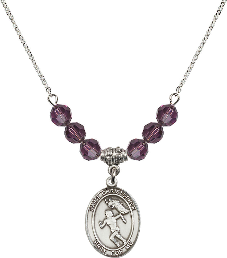 Sterling Silver Saint Christopher/Track&Field-Women Birthstone Necklace with Amethyst Beads - 8510