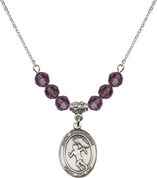 Sterling Silver Saint Christopher/Track&Field-Women Birthstone Necklace with Amethyst Beads - 8510