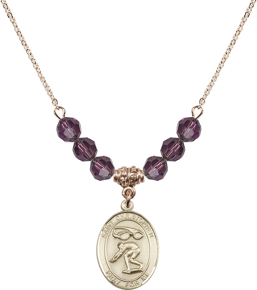 14kt Gold Filled Saint Christopher/Swimming Birthstone Necklace with Amethyst Beads - 8511