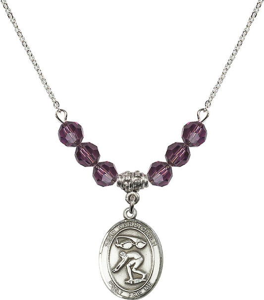 Sterling Silver Saint Christopher/Swimming Birthstone Necklace with Amethyst Beads - 8511
