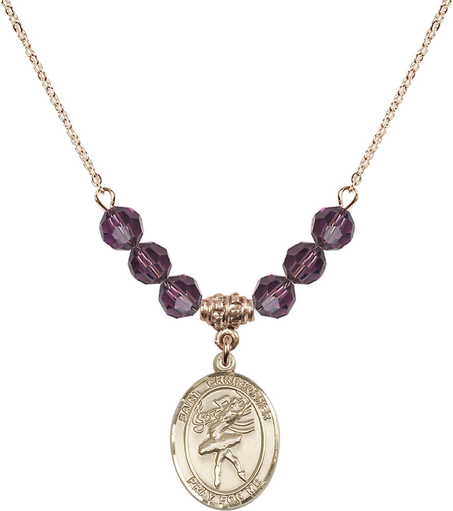 14kt Gold Filled Saint Christopher/Dance Birthstone Necklace with Amethyst Beads - 8512