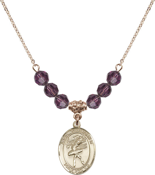 14kt Gold Filled Saint Christopher/Dance Birthstone Necklace with Amethyst Beads - 8512