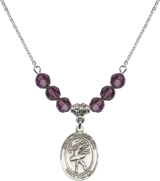 Sterling Silver Saint Christopher/Dance Birthstone Necklace with Amethyst Beads - 8512