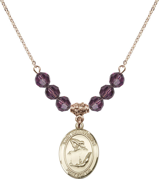 14kt Gold Filled Saint Christopher/Gymnastics Birthstone Necklace with Amethyst Beads - 8513