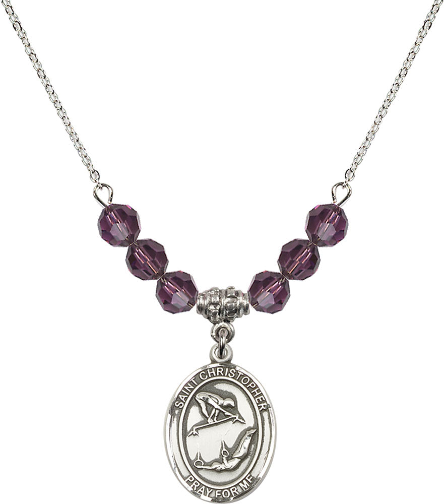 Sterling Silver Saint Christopher/Gymnastics Birthstone Necklace with Amethyst Beads - 8513