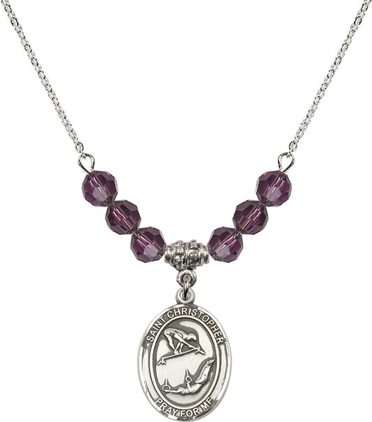 Sterling Silver Saint Christopher/Gymnastics Birthstone Necklace with Amethyst Beads - 8513
