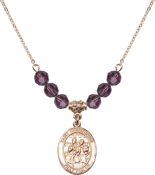 14kt Gold Filled Saint Christopher / Choir Birthstone Necklace with Amethyst Beads - 8514