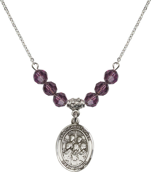 Sterling Silver Saint Christopher / Choir Birthstone Necklace with Amethyst Beads - 8514