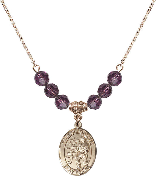 14kt Gold Filled Saint Christopher / Karate Birthstone Necklace with Amethyst Beads - 8515