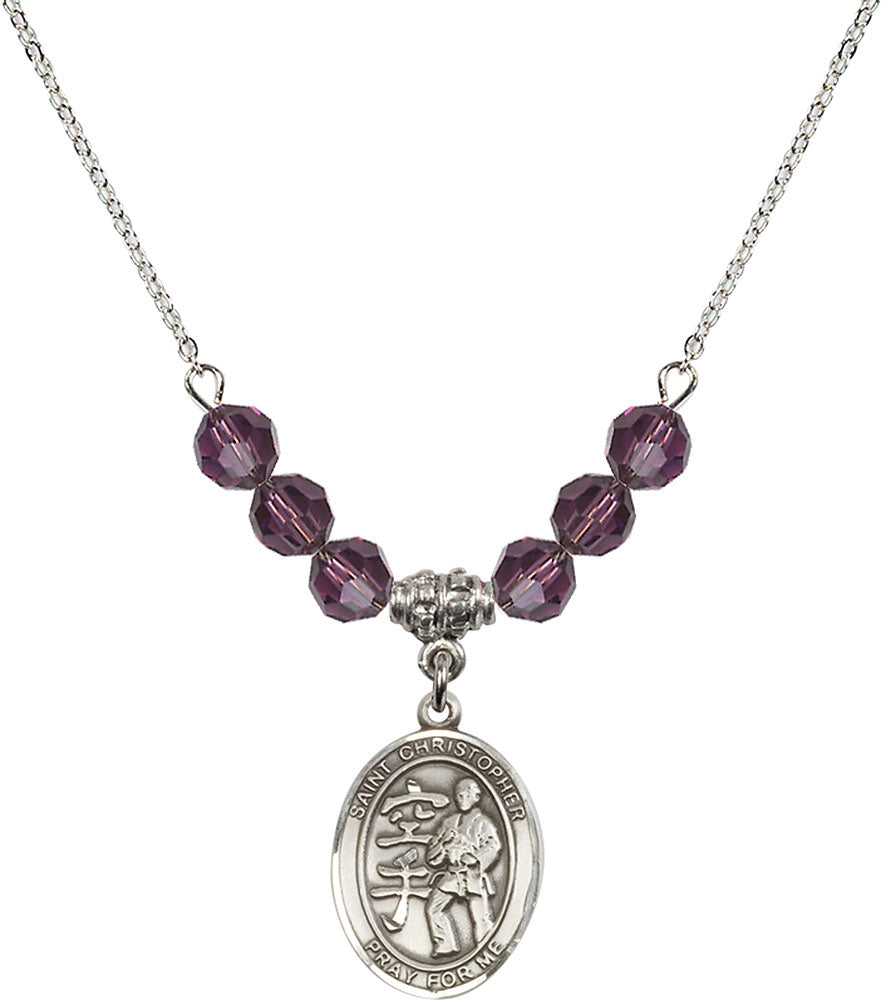 Sterling Silver Saint Christopher / Karate Birthstone Necklace with Amethyst Beads - 8515