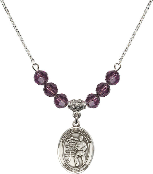 Sterling Silver Saint Christopher / Karate Birthstone Necklace with Amethyst Beads - 8515
