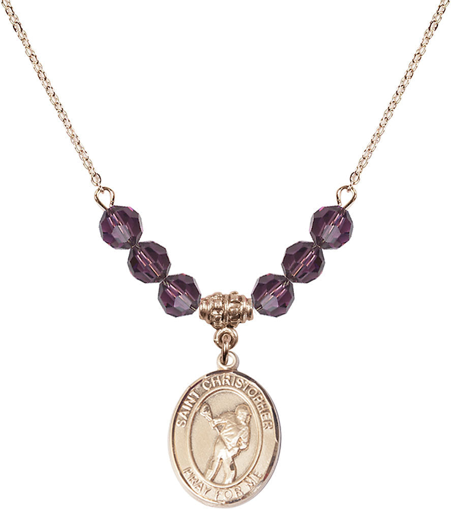 14kt Gold Filled Saint Christopher/Lacrosse Birthstone Necklace with Amethyst Beads - 8516