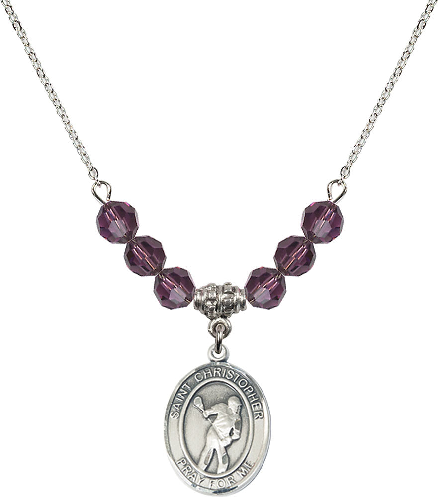 Sterling Silver Saint Christopher/Lacrosse Birthstone Necklace with Amethyst Beads - 8516