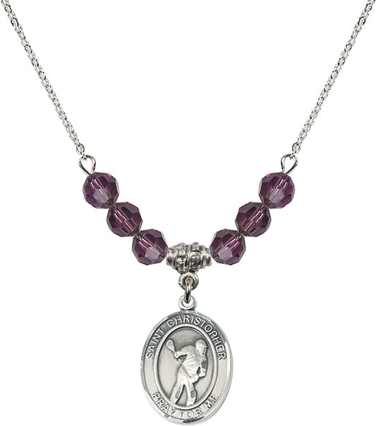Sterling Silver Saint Christopher/Lacrosse Birthstone Necklace with Amethyst Beads - 8516