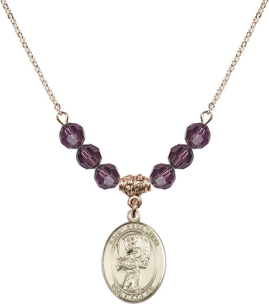 14kt Gold Filled Saint Sebastian / Baseball Birthstone Necklace with Amethyst Beads - 8600