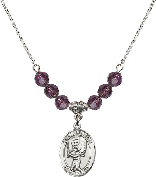 Sterling Silver Saint Sebastian / Baseball Birthstone Necklace with Amethyst Beads - 8600