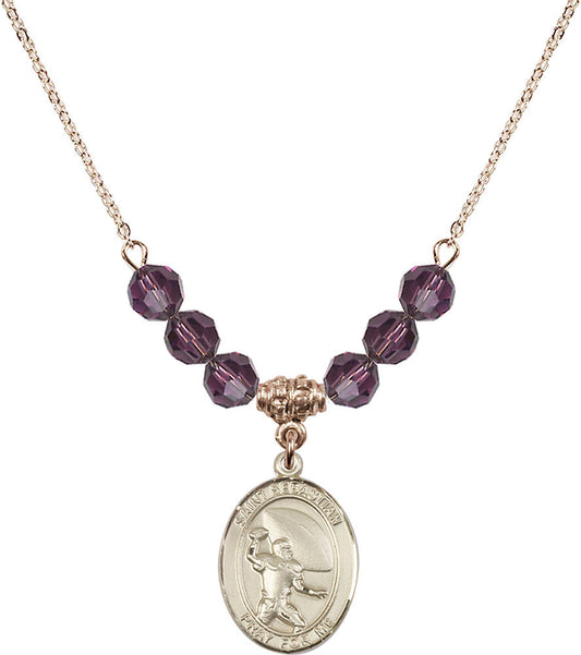 14kt Gold Filled Saint Sebastian / Football Birthstone Necklace with Amethyst Beads - 8601